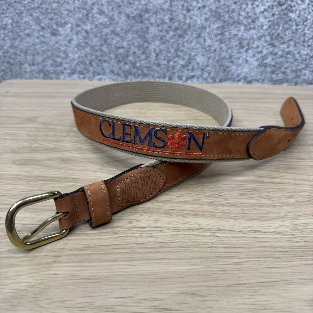 Clemson Tigers Belt Leather Canvas Men's Size 36 Embroidered Brown Zep-Pro USA